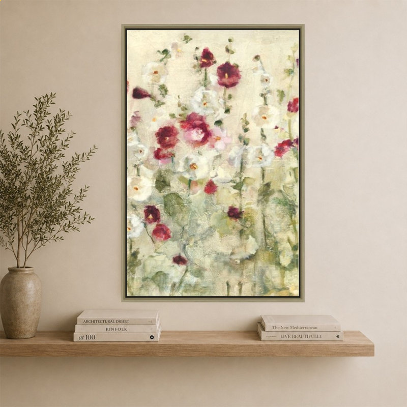 Hollyhocks Row Cool par Cheri Blum - Impression sur toile, 64" H x 44" W, Champagne