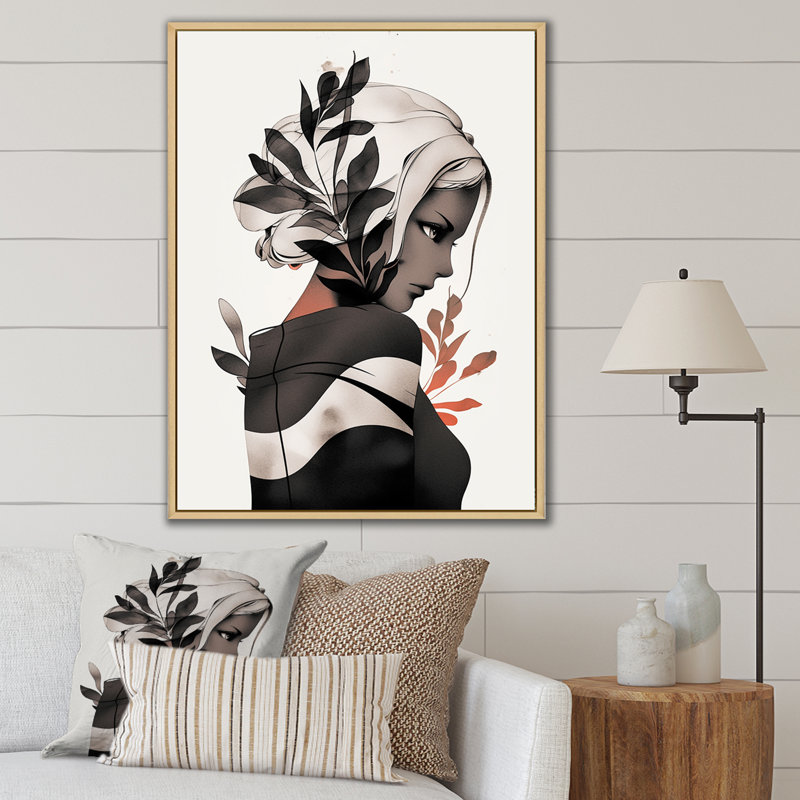 Dessin de femme tropicale, dessin I, Cadre flottant brun, H 44 po x l 34 po x P 1,5 po