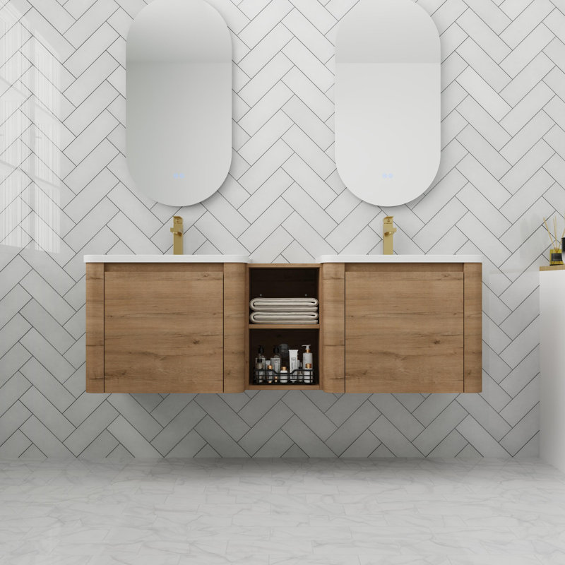 Bathroom Vanity With Sink In 60/68 Inch, Floating Bathroom Vanity With Soft Close Door, 60", Imitative Oak