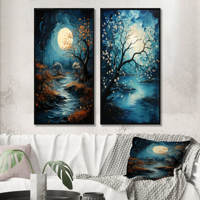 Clair de lune azuré Mystic River - ensemble de 2 impressions sur toile Forest River