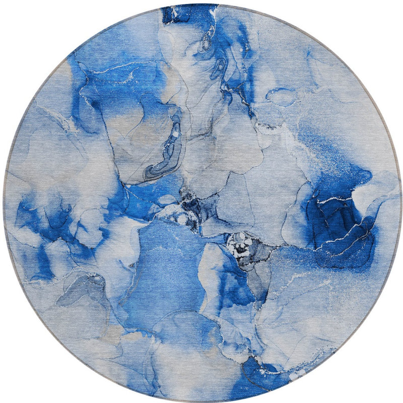 2' X 8' Navy Blue Round Abstract Washable Indoor Outdoor Area Rug