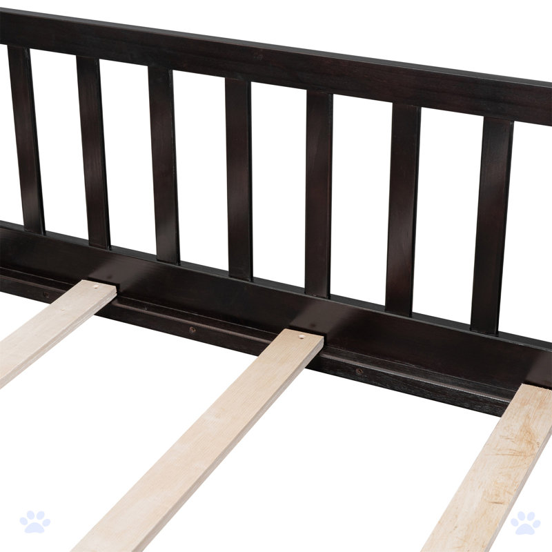 Twin Size Floor Bed with Fence without Door, Rubber Wood Floor Bed with Safety Guardrails, Espresso