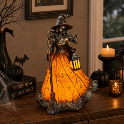 8.27" H Solar Witch Halloween Garden Statue with LED Lantern