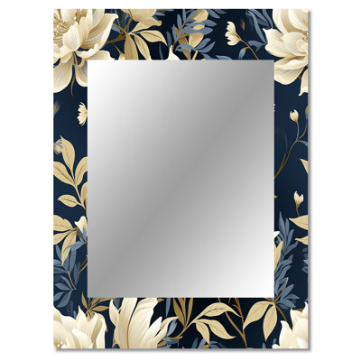 Delanos Industrial Ivory & Blue Fusion Floral Pattern - Floral Decorative Wall Mirror, Cottage Mirror, Printed Metal Art
