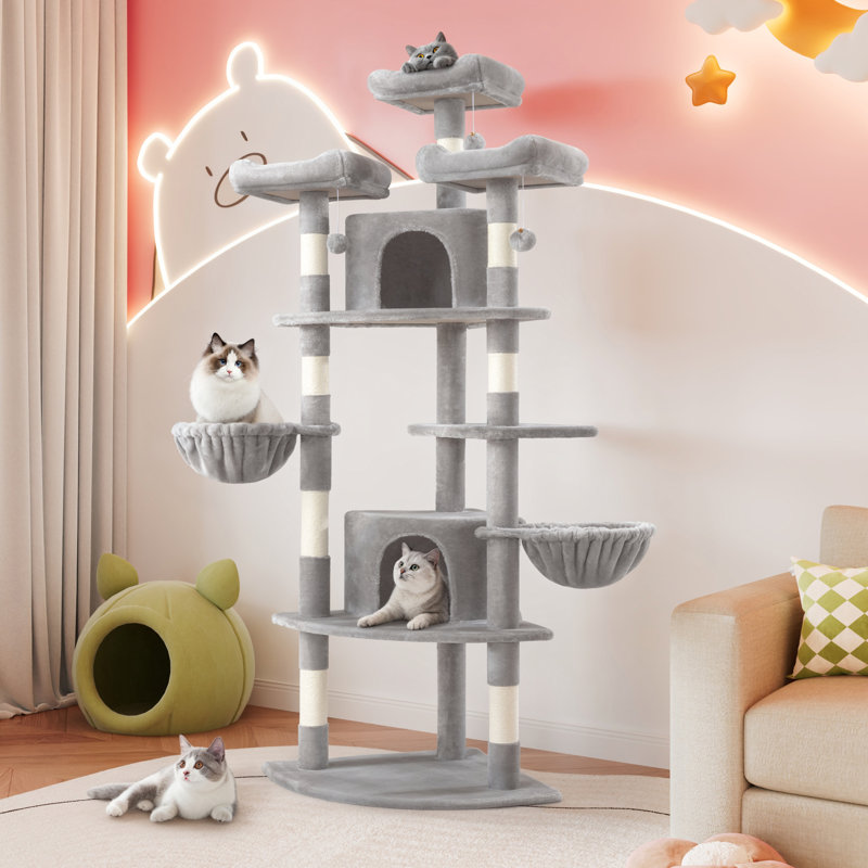 74'' H Carpet Cat Tree Condos and Platforms Included, with Scratching Posts and Basket, Grey
