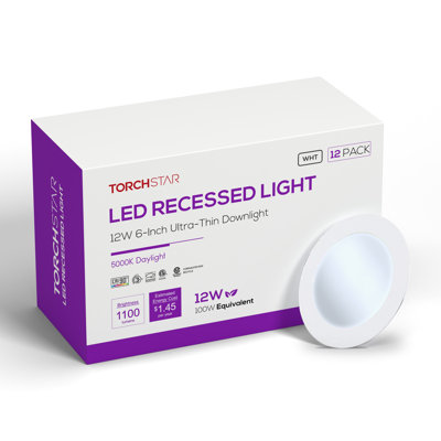 6" 12W (100W Eqv.) LED Recessed Light, Dimmable Slim LED Canless Ceiling Downlight with J-Box, IC Rated, 5000K Daylight