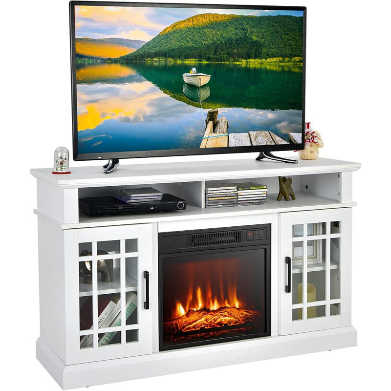 Fireplace TV Stand, White – Freestanding Wood Entertainment Center With 18" Electric Fireplace, TV Console With Storage Compartments And Cabinets For Tvs Up To 55"