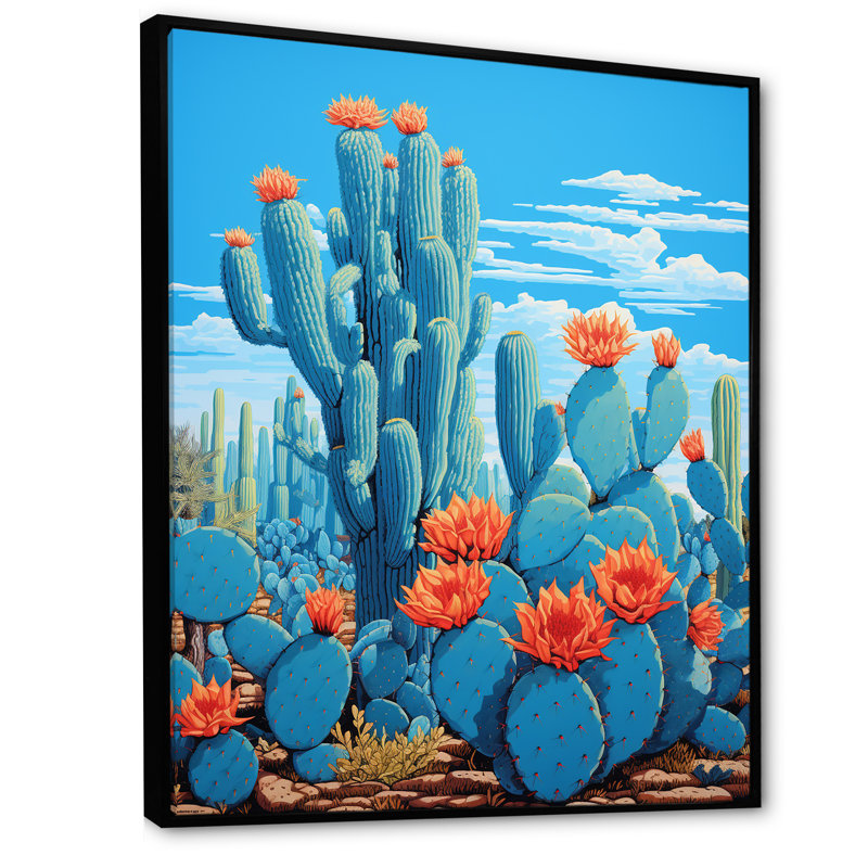 Cerulean Blue Cactus Collage sur toile, Cadre flottant noir, H 32 po x l 24 po x P 1 po