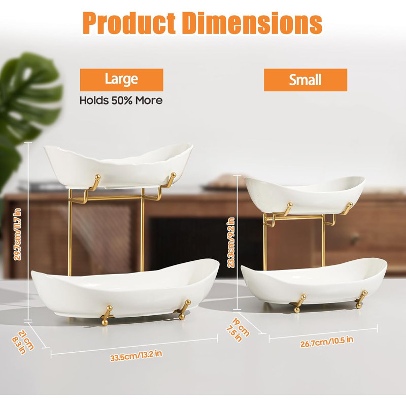 2 Tier Ceramic Fruit Bowl for Kitchen Counter, Tiered Fruit Basket for Countertop