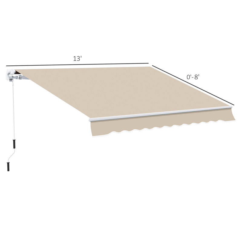 Patio Awning 13' X 8', Beige. & Water-. Manual Operated. Aluminum Frame For A Peaceful Outdoor Space Beige 8' Awning. Water- Fabric, Frame. Crank Sunshade And Heat Reduction On Deck, Patio, Balcony,