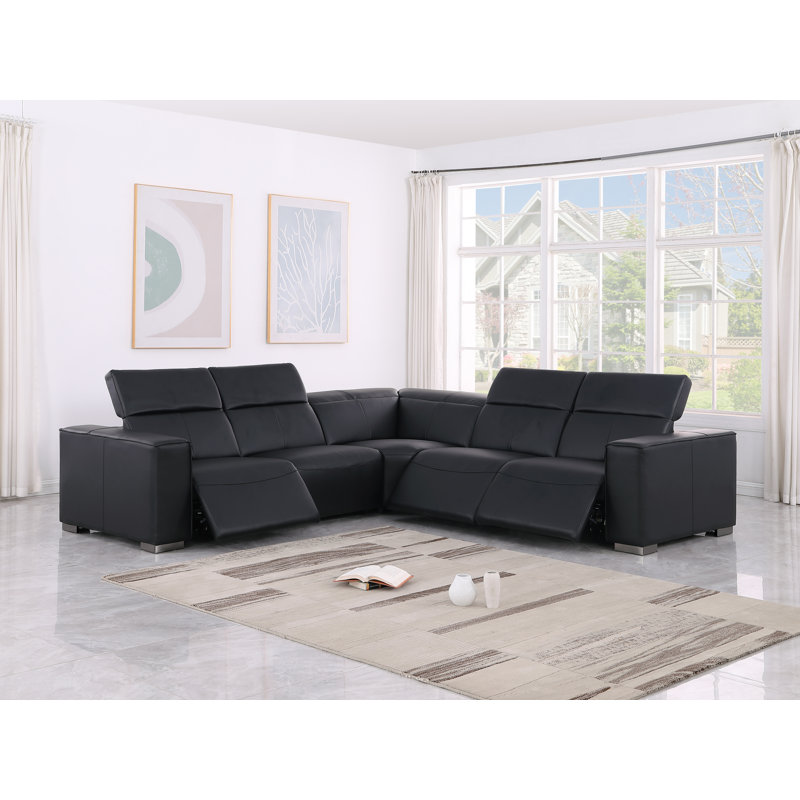 Canapé modulaire luxueux en cuir véritable 5 pièces avec 3 sièges inclinables électriques et appui-tête électrique, Noir