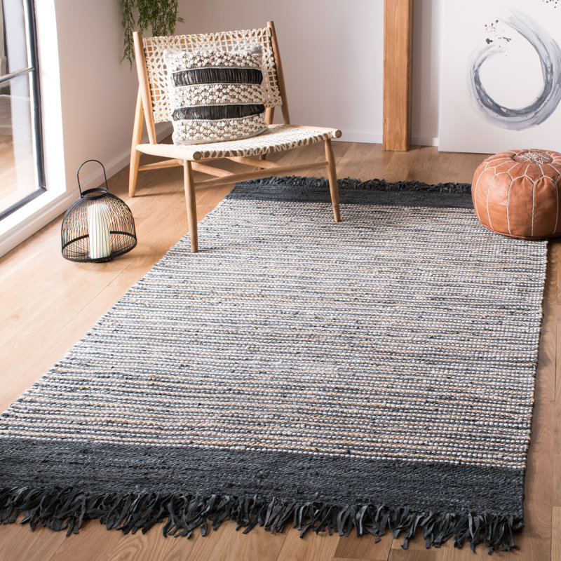 Exley Vintage Leather Hand Woven Leather Cotton/Jute Striped Rug in Dark Gray, Rectangle 4' x 6'