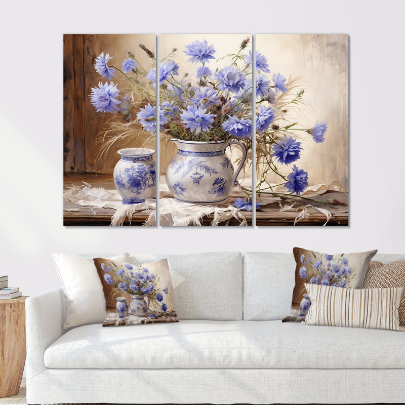 Cornflowers Farmhouse Still Life - Ensemble de décorations murales Cornflowers, Toile tendue, H 32 po x l 48 po x P 1 po
