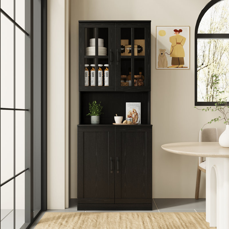 Garde-manger 71 po x l 23,6 po avec bibliothèques et huche de porte en verre, Rectangular Glass Door, Noir