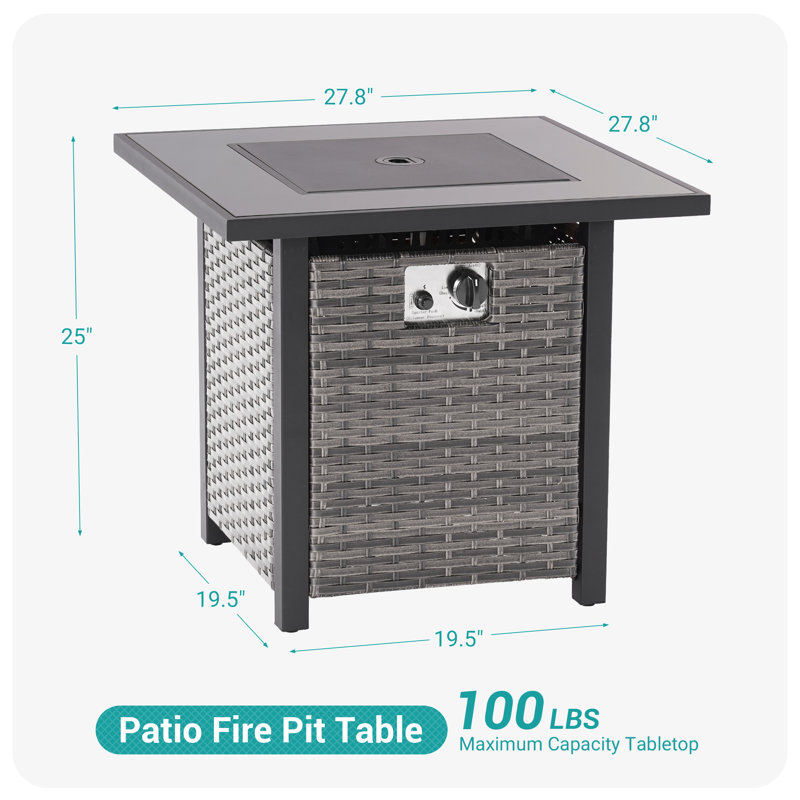 Table de foyer d'extérieur au propane 28 po avec rotin PE, réservoir de carburant caché et couvercle pour patio, Gris