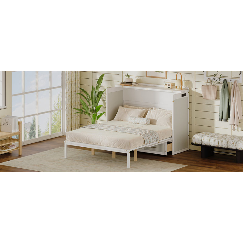 Armoire lit multifonctionnelle avec station de charge USB, Blanc