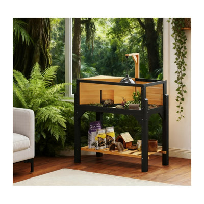 Enceinte en bois pour tortue avec fenêtres transparentes et porte-lampe, maison pour reptiles surélevés avec tablette de rangement inférieure, 33,3 x 18,7 x 35,4 pouces, jaune