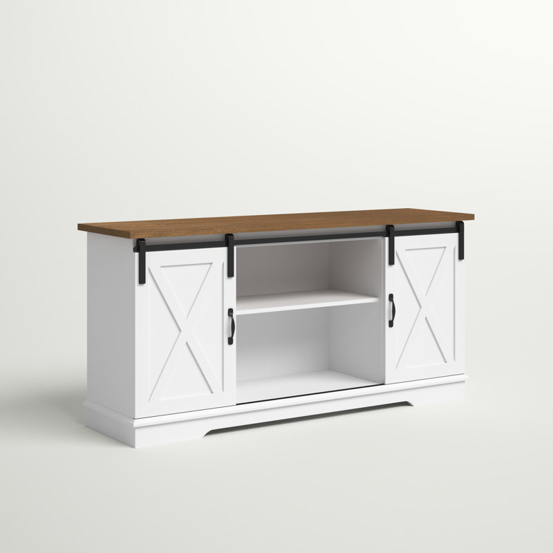 Carterton Sliding Door TV Stand for TVs, White/Reclaimed Barnwood Top, 28" H x 58" L x 16" W