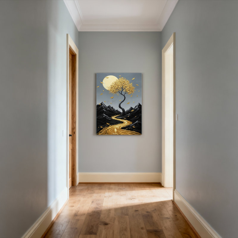 Ensemble de 1 tableau sur toile tendue représentant un paysage d'arbre doré et de lune, H 18 po x l 12 po