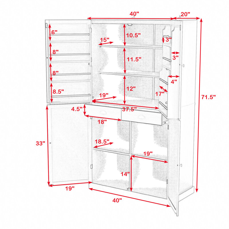 Garde-manger autoportant Kellom, armoire de rangement avec tiroirs et tablettes réglables Kellom, Gris