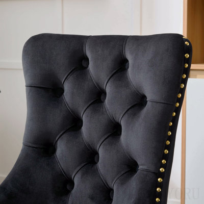 Chaise de bureau, fauteuil de bureau moderne capitonné en velours capitonné avec base en métal doré, chaise de bureau pivotante réglable (noir)