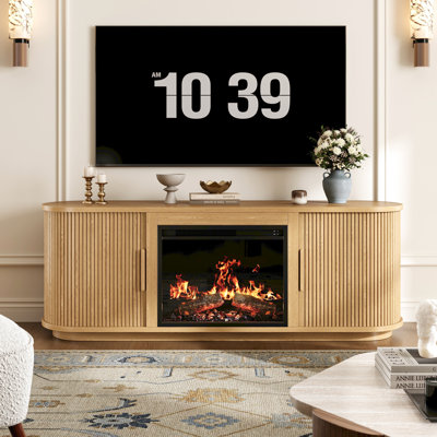 Meuble télé avec foyer incurvé, centre de divertissement avec portes coulissantes, meuble télé avec foyer électrique de 67 pouces pour salon