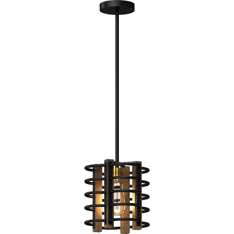 Mini-luminaire suspendu cage d'intérieur 1 lumière en bronze et noyer d'inspiration industrielle
