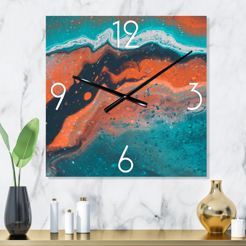 Composition abstraite de marbre en bleu et orange VI - Horloge murale moderne, Petit