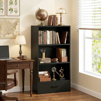 Heavy-Duty 260LBS Load Capacity 4-Tier Freestanding Storage Bookcase, Open Display Shelves & Hidden Pull-Out Drawer, Equipped With Anti-Toppling Safety Device, Scratch-Resistant Waterproof Finish, Easy Assembly, Fits Living Room, Study, Home Office, Bedr