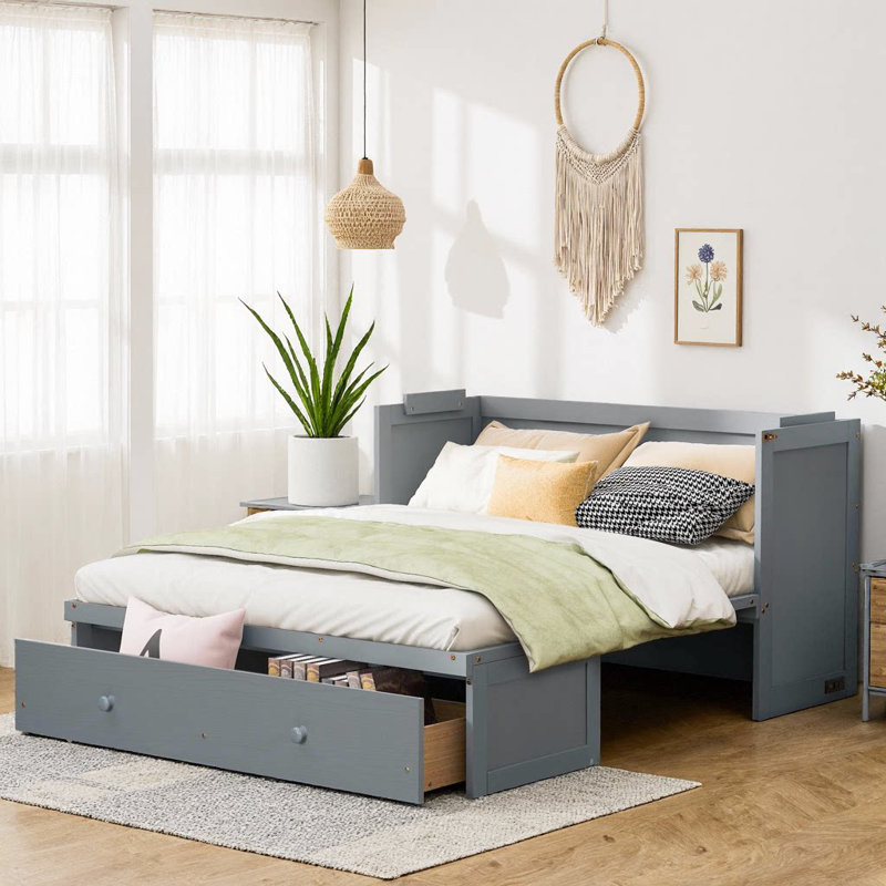 Lit escamotable avec port USB et grand tiroir, Gris, Queen