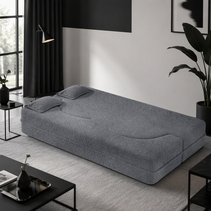Canapé-lit moderne avec 2 coussins, canapé-lit convertible en tissu rembourré de mousse, matelas pliant simple pour le salon et les invités.