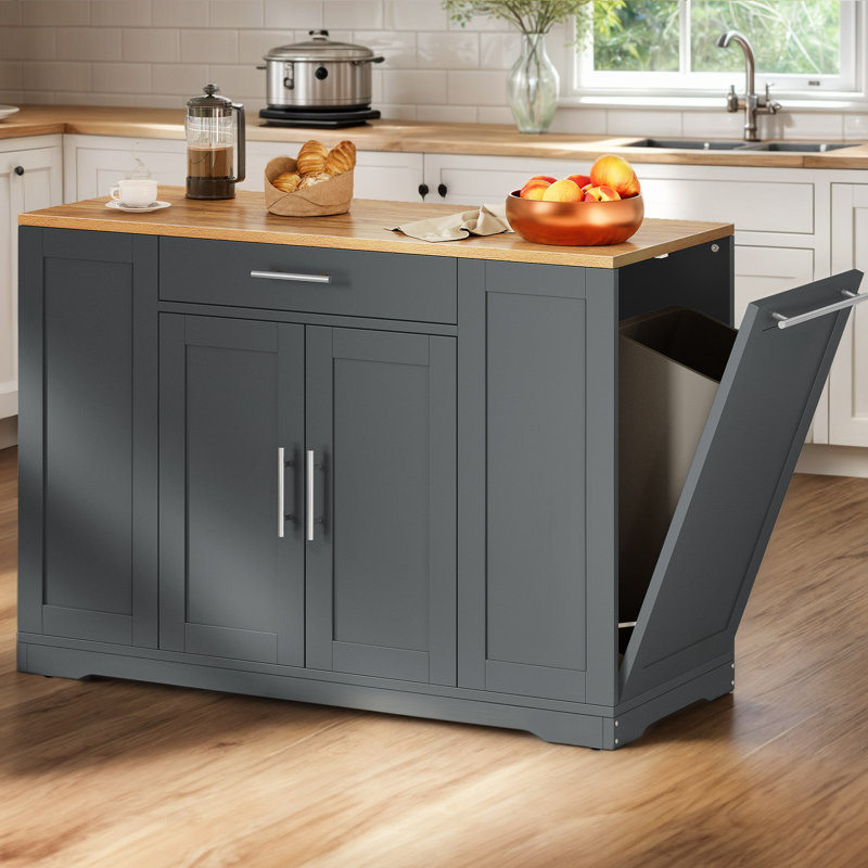 Cushing Rolling Kitchen Island with Wood Top & Trash Can Storage Cabinet, Gray