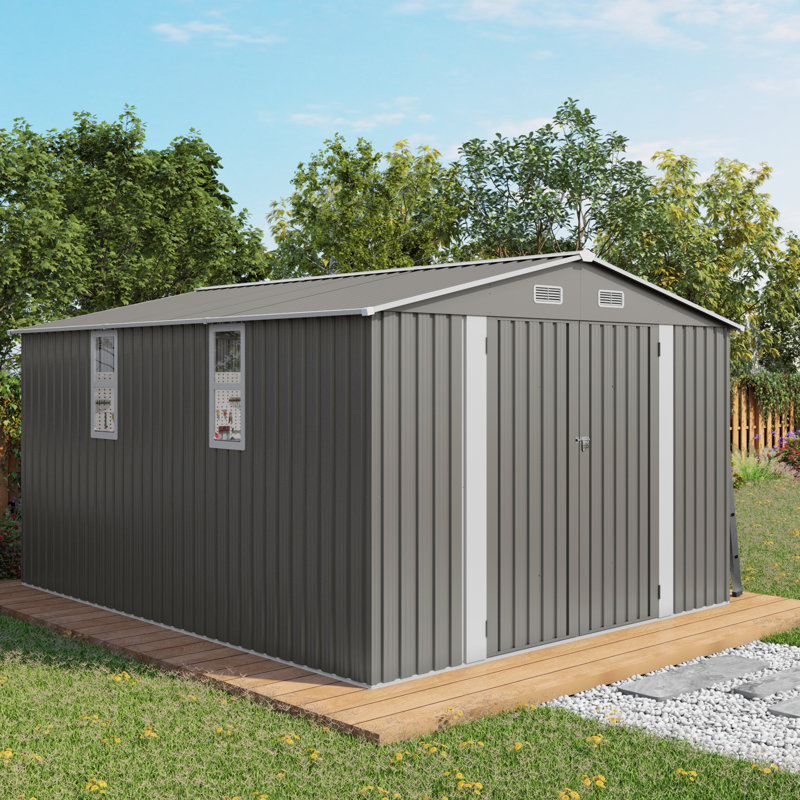 Remise à outils grise en métal pour l'extérieur 10 pi x 12 pi avec double porte et deux fenêtres, pour les bacs à outils de garage dans le patio