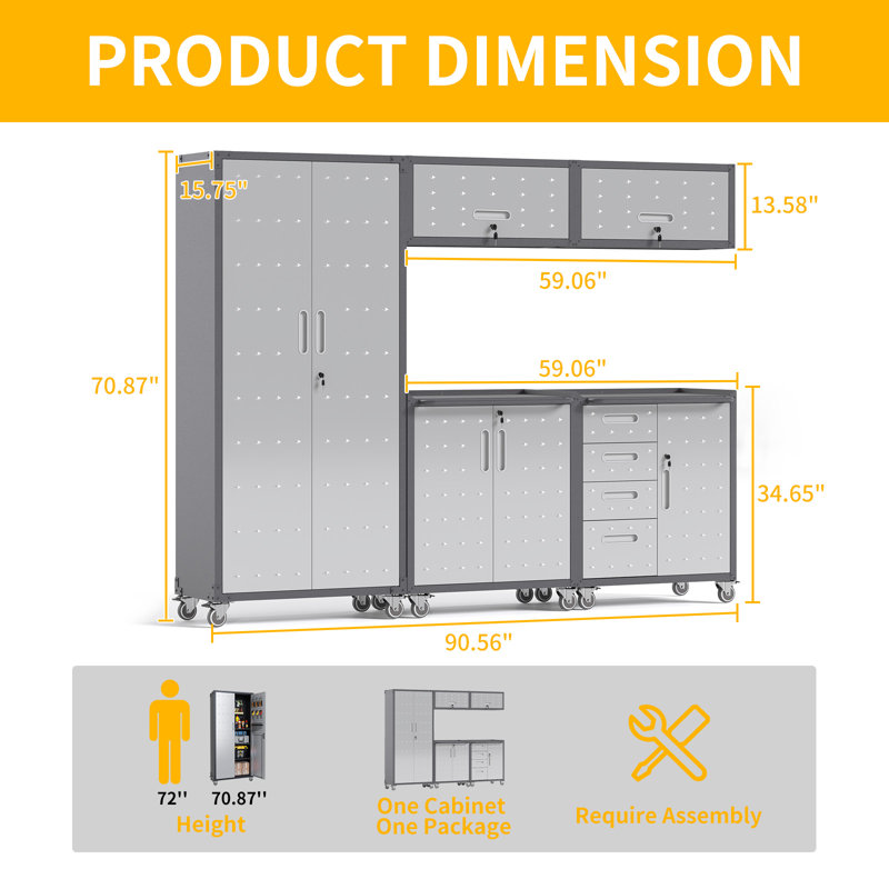 5-Piece Heavy Duty Steel Garage Storage Cabinet System | Modular Workshop Set with Rolling Tool Cabinets & Lockable Wall Cabinets | Easy Assembly Garage Organization for Tools & Equipment