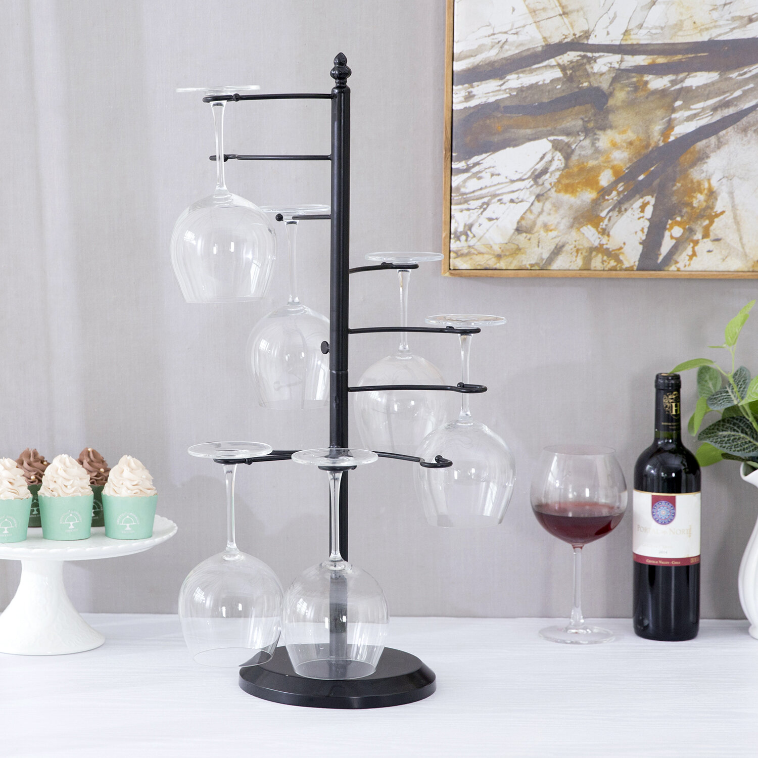 Modern Copper Metal Wire Countertop Wine Glasses Rack, Tabletop Stemware  Holder with White Marble Base