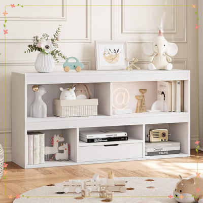2 Tier Toy Organizers and Storage, 5 Cube Bookcase Wooden Open Bookshelf with Drawers, Floor Standing Storage Cabinet Low Display Shelves, Multipurpose Furniture for Books Dolls