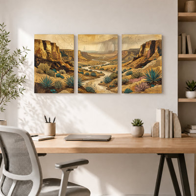 "Desert Canyon" avec rivière sinueuse et agave bleue, ensemble de 3 toiles