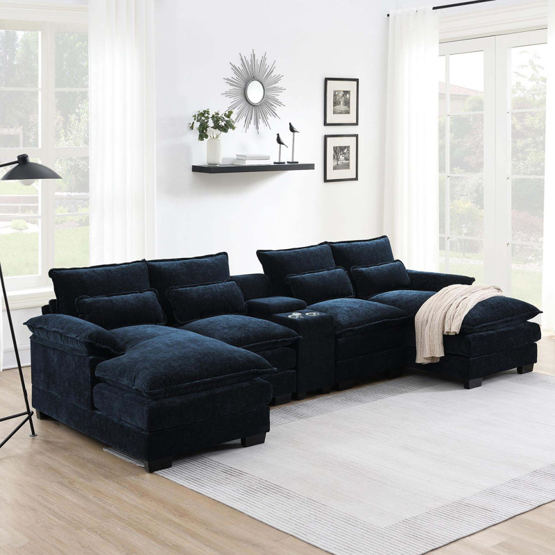 Canapé modulaire rembourré en U avec méridienne Clidie, Chenille bleu