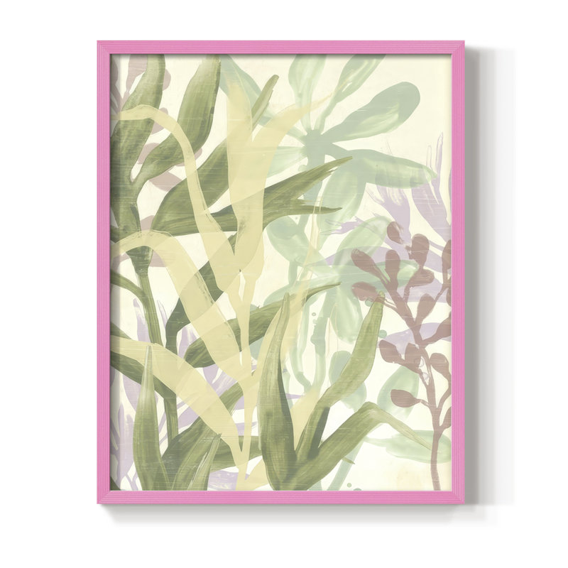 «Dreamy Tropical Leaves I», reproduction encadrée - bois massif, Rose, H 11 po x l 9 po