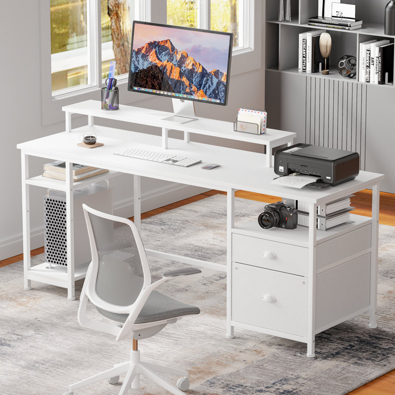 Computer Desk with 2 Drawers, Monitor Stand - Home Office Workstation, White, White