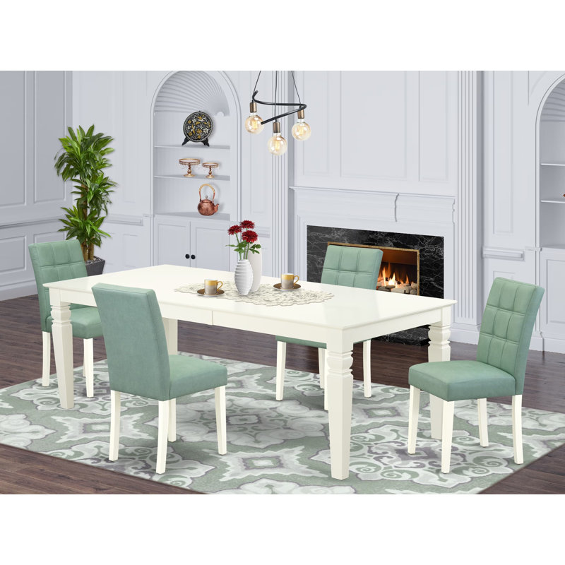5 Piece Dining Table Set consists of a Mid Century Modern Table and 4 Willow Green Polyester Fabric Dinner Chairs, Linen White