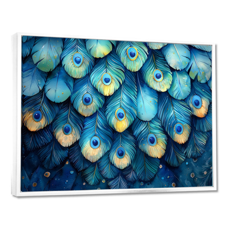 Peacock Feather Collage - art mural oiseau, H 12 po x l 20 po, Cadre flottant, Blanc