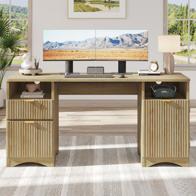 Bureau d'ordinateur cannelé de 59 po avec classeur et tiroirs de rangement, bureau d'écriture moderne avec tablettes ouvertes et gestion des câbles