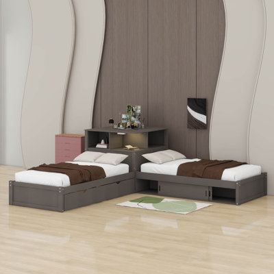 Lit simple en L avec lit gigogne, éclairage à DEL et armoires de rangement, lit d'angle avec bureau et tablettes, lit plateforme en L en bois avec bibliothèque