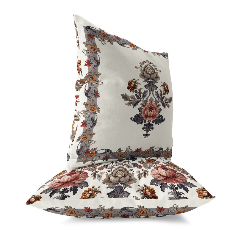 Coussin décoratif intérieur / extérieur Opulent Flora Frames, Gris / rouge, H 16 po x l 16 po