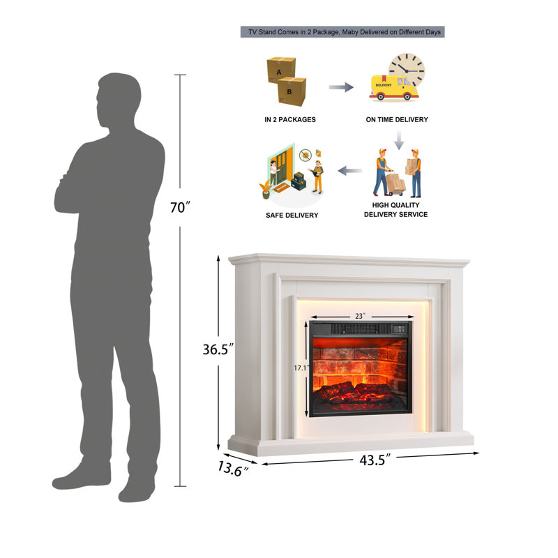 44-inch Electric Fireplace With Mantel Led Light -for Living Room & Bedroom Timer, White/Brick insert