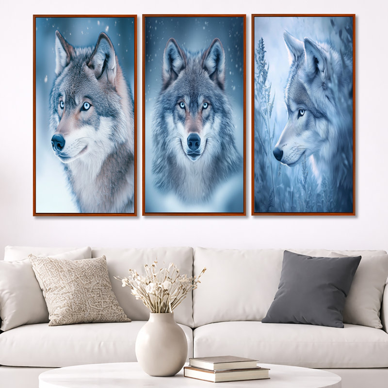 Photographie de loup en hiver - loup gris, décoration murale 3 pièces, 32" H x 48" W, Brown Floater Framed