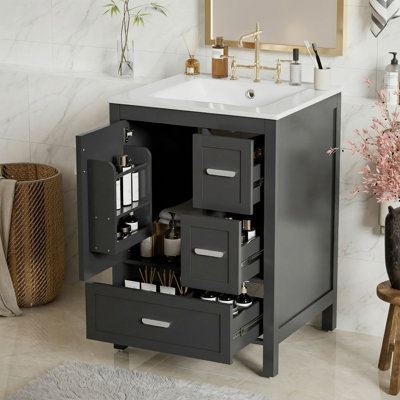 24" Modern Bathroom Vanity with Ceramic Sink, 3 Drawers, Soft-Close Door, Double-Layer Shelf for Small Bathrooms – EPA/UPC Certified