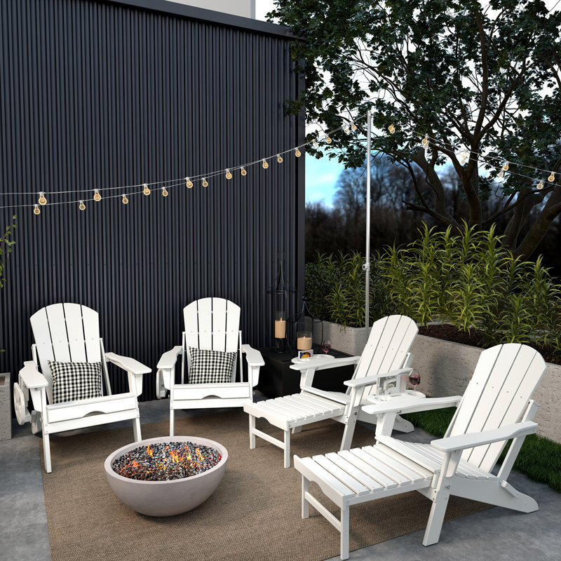 HDPE Folding And Adjustable Adirondack Chair With Ottoman, White