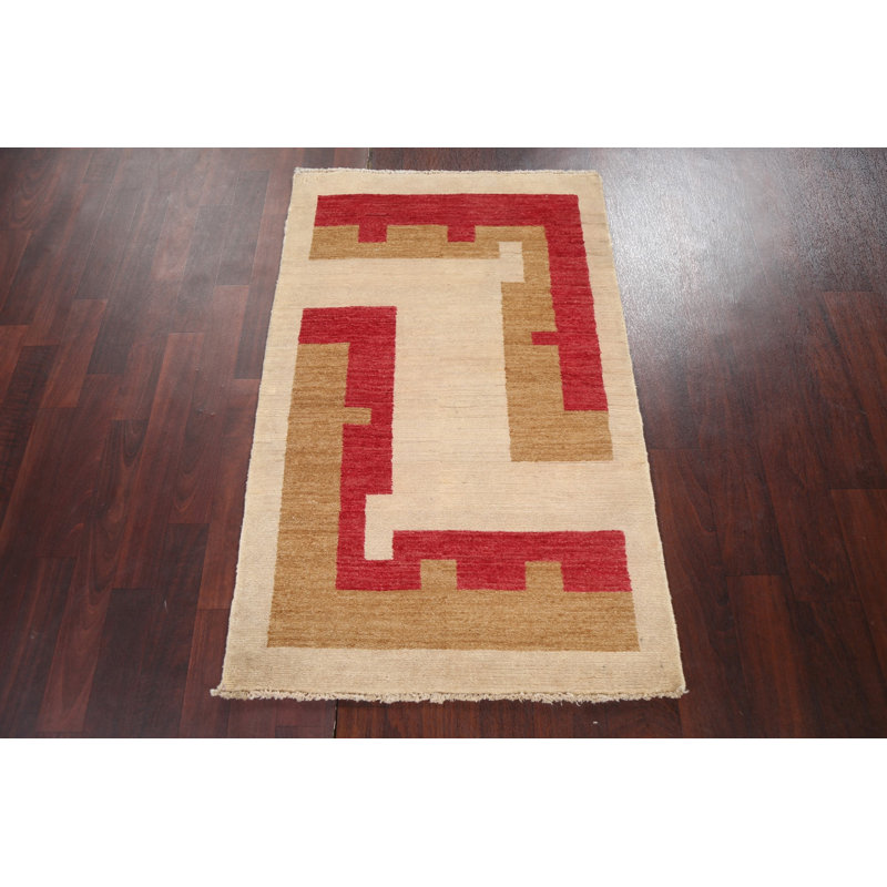 Tapis ivoire en laine noué à la main de conception unique 2 pi 8 po x 4 pi 3 po O'Regan